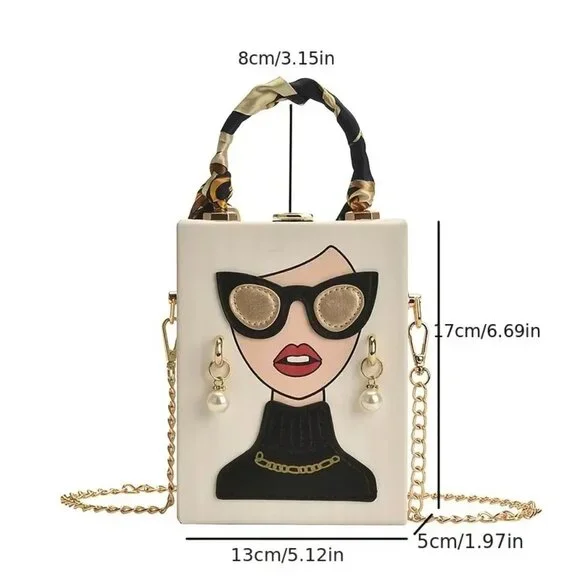 Fashion Lady Face Trendy Box Handbag for Women w/Pearl Earrings, Scarf Handle - Picture 14 of 16